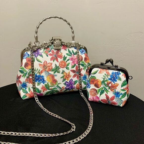 Handmade Genuine Embossed Leather Rhinestone MetalFrame Handbag & Small Purse